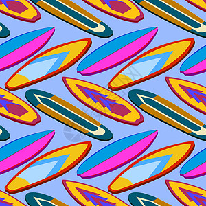 站起来桨登机 SUP 冲浪卡通元素可爱的无缝模式矢量插图与蓝色背景 EP 上的不同 supboards图片