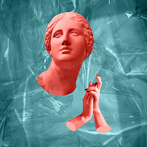 现代概念艺术海报 有古代金星大萧条的雕像 当代艺术的拼凑逆波拼贴画乐趣极简紫色雕塑古董辉光艺术品玻璃纸图片