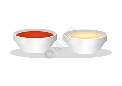 白色背景孤立的番茄酱和蛋黄酱酱杯碗图片
