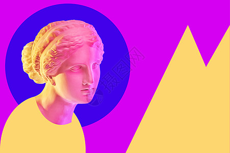 米洛的维纳斯雕像 创意概念彩色霓虹灯图像与古希腊雕塑维纳斯或阿芙罗狄蒂头 和超现实主义艺术风格 粉色和黄色双色调效果图片