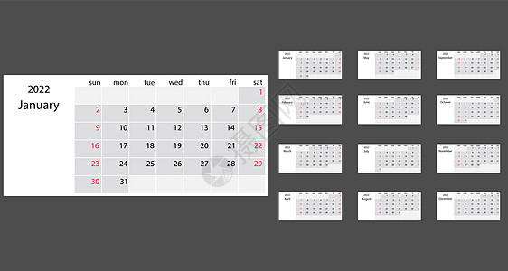 2022年 日历 矢量插图 星期天开始日程商业英语横幅打印数字印刷日记规划师广告图片