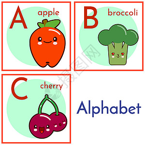 带有食物字符字母 A 到 C 的字母表 卡通矢量字母表在白色背景下被隔离 插画图片