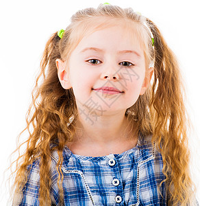 喜悦的金发女婴少女肖像衬衫格子发型幼儿园活力享受头发女性蓝色睡衣图片