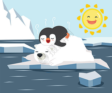 北极熊和小企鹅睡在冰面冰川上图片