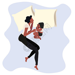 母亲和女儿睡在床上黑发卡通片睡衣卧室拥抱童年妈妈女孩女性枕头图片