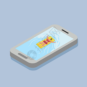 妇女在手机上游泳的妇女;图片