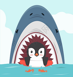 企鹅游泳企鹅与鲨鱼一起游泳的充气环插画