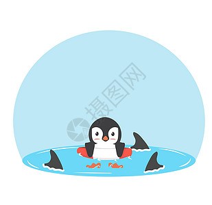 企鹅游动带鳍鲨鱼的充气环图片