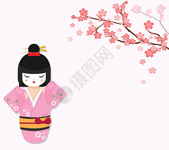 配樱桃树枝的可爱日本洋娃娃图片