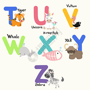 动物简笔画从T到Z的儿童动物用字母插画