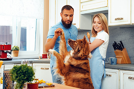 和他们的狗一起在厨房做饭快乐的一对夫妇女性男性家庭家庭生活用具夫妻微笑食物成人烹饪图片