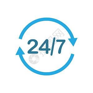 24 小时 7 天图标 时间时钟图标矢量图 平面设计互联网纽扣圆形插图服务网络黑色蓝色标识电脑图片