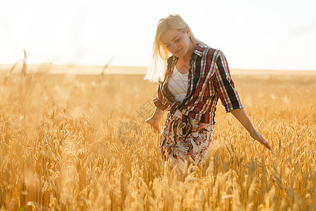 一个女孩在小麦口袋里 白人女人在外面摆着小燕子极乐成人喜悦女性收成农妇享受地平线太阳谷物图片