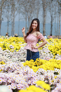 在菊花发光园中的美丽女子成人女性花店花园幸福微笑女孩园丁头发阳光图片