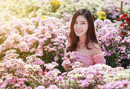 在菊花发光园中的美丽女子花店女性公园成人女孩幸福头发花园微笑阳光图片