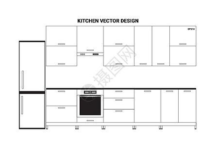矢量图的草图现代厨房内部在线性平面样式食物炊具橱柜蓝图绘画技术广告风格房子房间图片