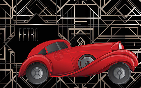 装饰艺术风格的红色汽车 矢量图 咆哮的二十年代 老爷车绘画假期技术运输奢华边界轮子贴纸乡愁旅游图片