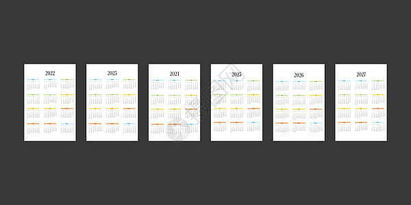 2022 2023 2024 2025 2026 2027 日历模板采用经典严格风格 具有多色元素 商务笔记本月历个人日程极简主图片
