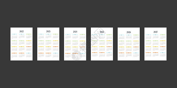 2022 2023 2024 2025 2026 2027 日历模板采用经典严格风格 具有多色元素 商务笔记本月历个人日程极简主背景图片
