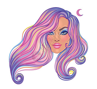 美丽的女人染成波浪形的紫色长发在风中飘扬 美发沙龙的概念 孤立的矢量插图 一个年轻的白人女人的画像图片
