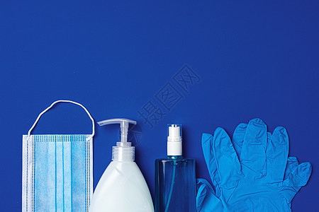 Corona病毒预防 蓝底面罩 手套 肥皂和防腐剂疾病医院安全药品援助病菌外科面具凝胶感染图片
