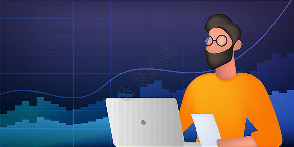一名男子在笔记本电脑前处理文件 背景与财务图表 霓虹色 金融交易所的分析 业务或交易的概念 向量图片
