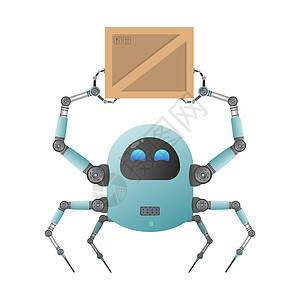 一个未来派的小机器人拿着一个盒子 货物交付概念 孤立 卡通风格 向量图片