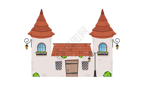 有塔楼的房子 有窗户 门和屋顶的石头建筑 卡通风格 用于设计游戏 明信片和书籍 白背景孤立 矢量建筑学条纹城堡据点王国寓言骑士夹图片