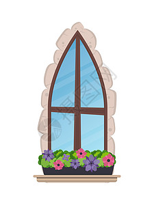 旧窗口 上面有鲜花和石头 卡通风格 矢量插图图片