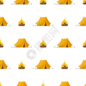 黄色帐篷和营火无缝模式 关于旅行和露营主题很好 向量图片