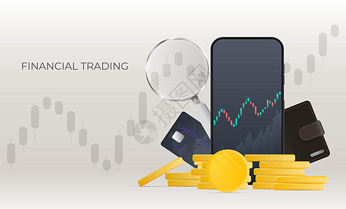 金融交易横幅 显示股市行情 金币 银行卡 硬币和放大镜的电话 股票市场投资交易概念 矢量图图片