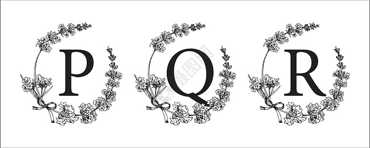 PQR 字母 设置现代手绘雕刻素描插图 薰衣草花环与字母组合 婚礼装饰的好主意 老式矢量印刷会徽标志标签设计图片