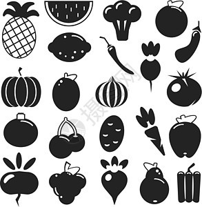 在白色背景上设置黑色剪影各种水果和蔬菜 抽象设计标志 标识艺术-vecto图片