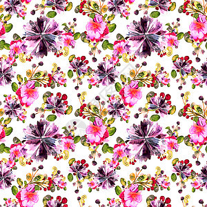 水彩花卉图案 无缝与白色背景上的紫色和粉红色花束乡村打印包装艺术插图植物植物群花园植物学叶子图片