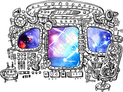 太空船内部蒸汽天文学勘探星系轨道气氛艺术旅行电脑绘画图片