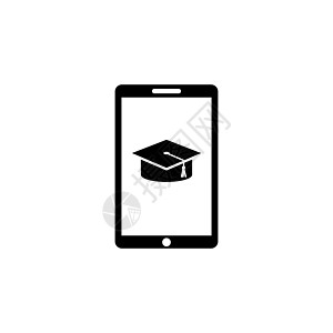 带毕业帽的在线教育智能手机 平面矢量图标说明 白色背景上的简单黑色符号  Web 和移动 UI 元素的学习标志设计模板的移动应用图片