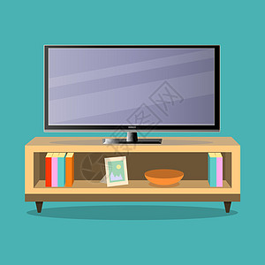 绿色背景下客厅的电视和电视桌平面设计矢量图图片