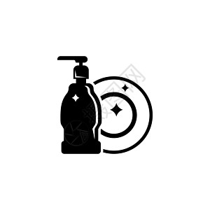 带干净盘子的手洗碗液 平面矢量图标说明 白色背景上的简单黑色符号 用于 web 和移动 UI 元素的手洗洗碗液和盘子标志设计模板图片