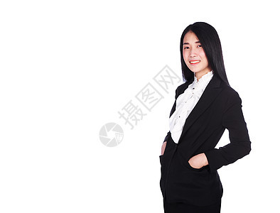 女商务人士笑着穿着西装站着放松 手放在白背景孤立的口袋里衣服工作管理人员女性工作室企业家人士商务微笑女士图片