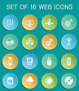 彩色圆形按钮上的高科技 web 图标控制板打印机卫星摄像头行星技术手表电子产品创新均衡器图片