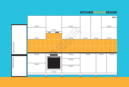 矢量图的草图现代厨房内部在线性平面样式插图微波木板家具烹饪平底锅房间火炉卡通片风格图片