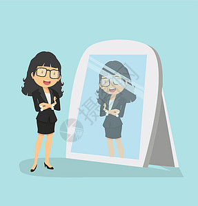 年轻商业女青年站在镜子前看着镜子的一面插图优胜者领导反射卡通片衣服套装领带成功性格图片