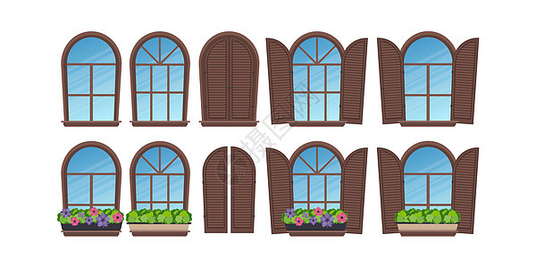 一大套有百叶窗和鲜花的半圆形窗户 用平坦的样式 单向 矢量插图图片
