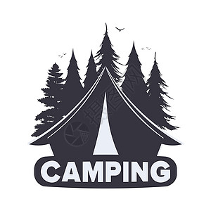 用帐篷和森林光影打营徽标 孤立的 矢量的图片