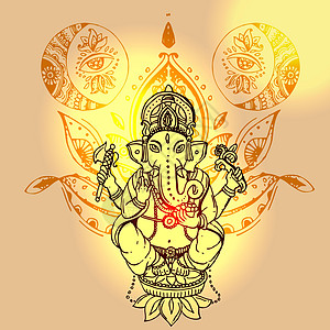 矢量图和象头神瑜伽艺术邀请函仪式宗教冥想创造力繁荣精神插图图片