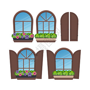 一套带有百叶窗和花朵的半圆形窗口 以平坦样式 孤立 矢量插图建筑学建筑花瓶玻璃快门窗帘城堡框架房子植物图片