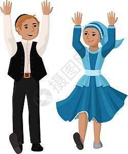 年轻的舞者正在跳犹太民族舞蹈 跳舞的男孩和 gitlIsrael 以色列的霍拉图片