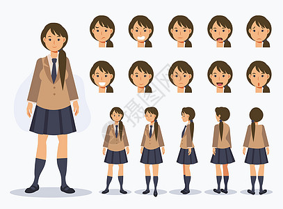 一组平面矢量字符日本女学生穿着制服 有各种观点卡通风格卡通片动画人物角色插图社论动画片收藏衣服女性图片
