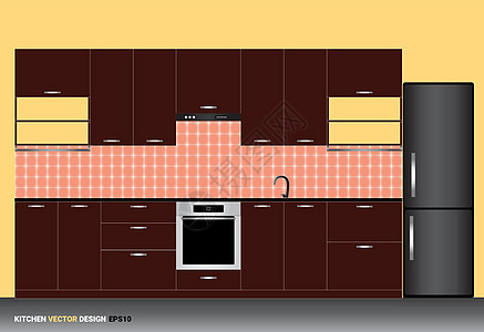 线性平面风格的现代厨房内饰的矢量插图 厨房内部配有经典色彩风格的家具和设备图片