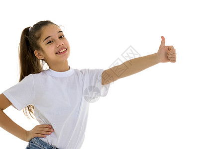 穿着纯白白色T恤的情感小女孩青年衣服衬衫棉布女性快乐身体裙子童年喜悦图片